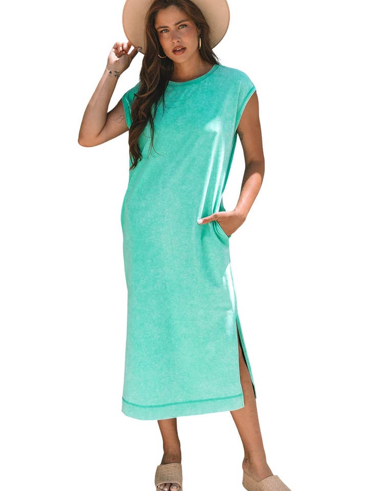 Clearly Aqua Mineral Wash Pocketed T-shirt Long Dress for wholesale on Faire19