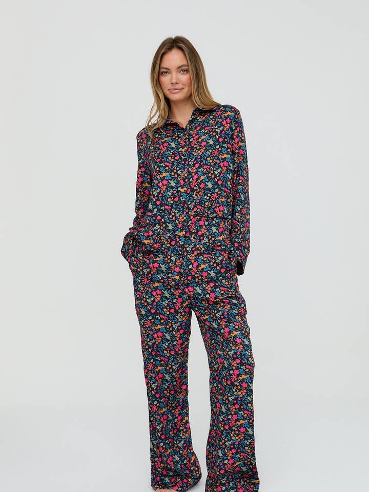 Evie Long Sleeve Deep Moon Floral Print Pyjama Set In Black for wholesale by Lily and Lionel