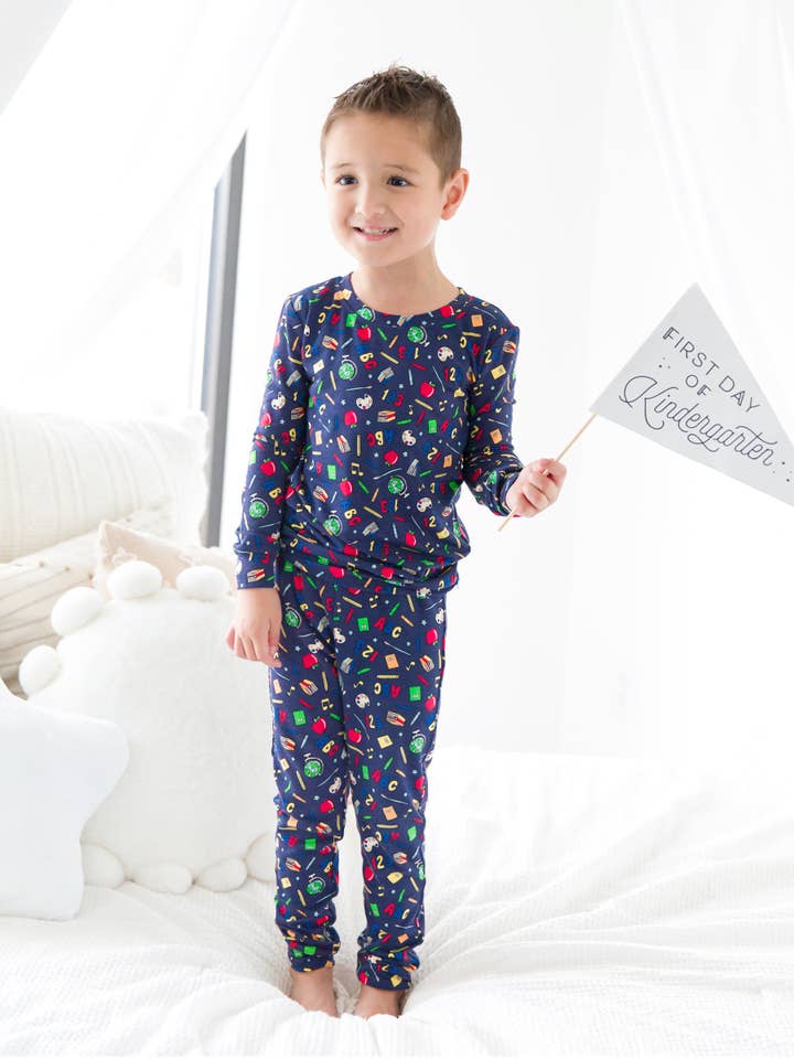 Navy Boys Back To School Bamboo Viscose Long Sleeve Pajama Set for wholesale on Faire