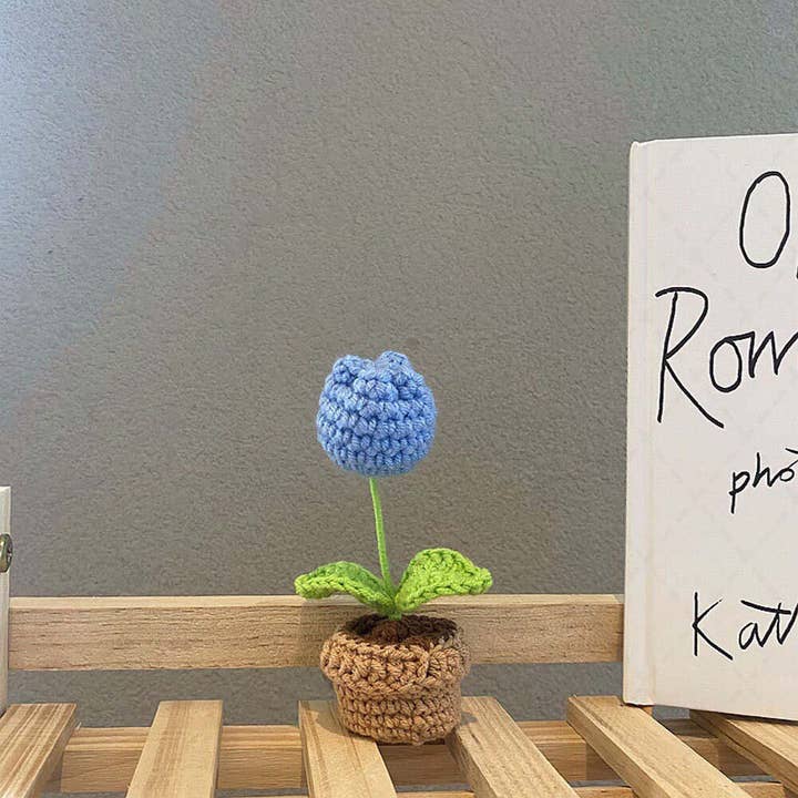 TOMOPOD LLC – wholesale Artificial flowers – Crochet Tulips in the Pot, Knitted Mini Flower Pot Plant