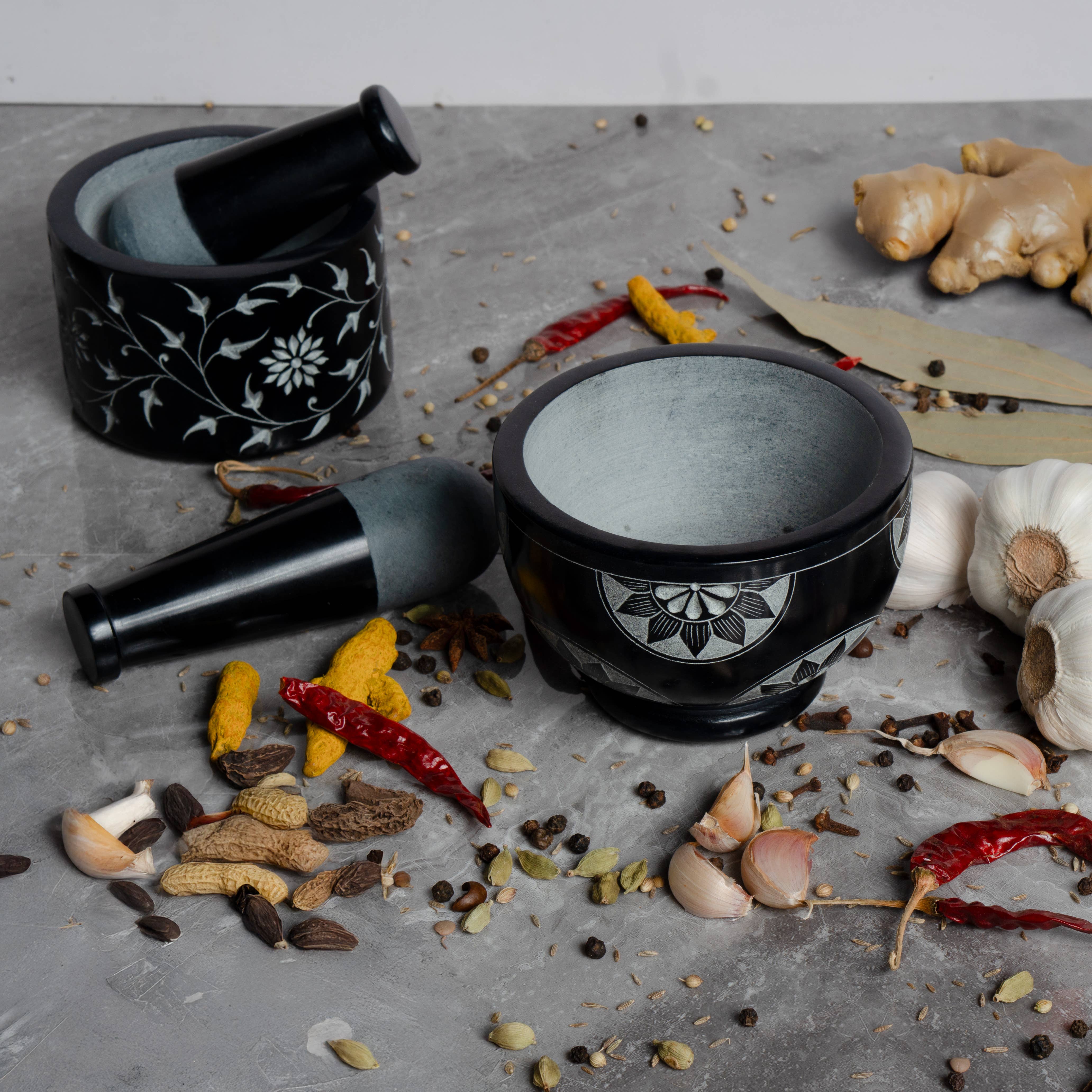 Valor Home Goods - Wholesale Mortar & pestle - Floral Leaf Mortar & Pestle - Hand-Carved Spice Crusher3