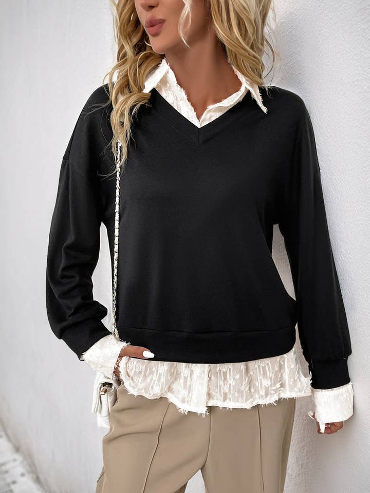 Chiffon-Layered V-Neck Sweatshirt for wholesale by Anna Kaci Wholesale