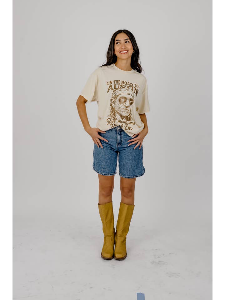 LivyLu - Wholesale Screen Printed T-Shirt - Unisex - Willie Nelson Roll Me Up & Hook Em Horns Thrifted Tee 2