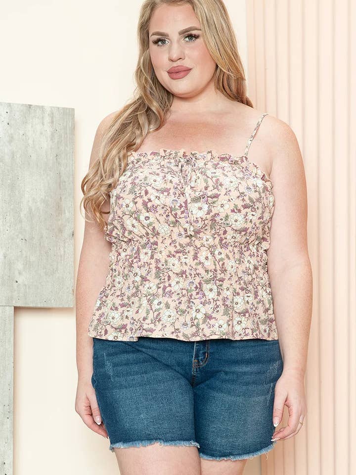 Plus Size Blush Floral Print Ruffle Trim Smocked Bodice Cami Top for wholesale by Tasha Apparel Wholesale