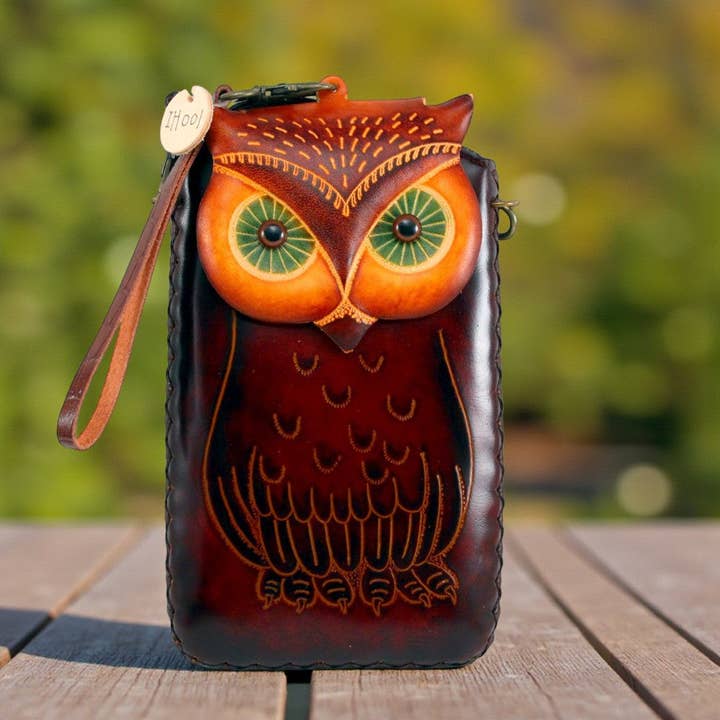 Sunflower Handmade leather inc – Bolsa de telefone - Mulher por atacado – Capa de telemóvel em couro artesanal de coruja13