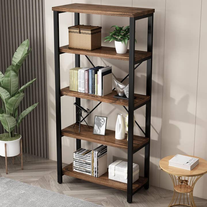ShipItFurniture - Wholesale Bookcase - 5 Tier Industrial Solid Wood Bookshelf with Metal Frame