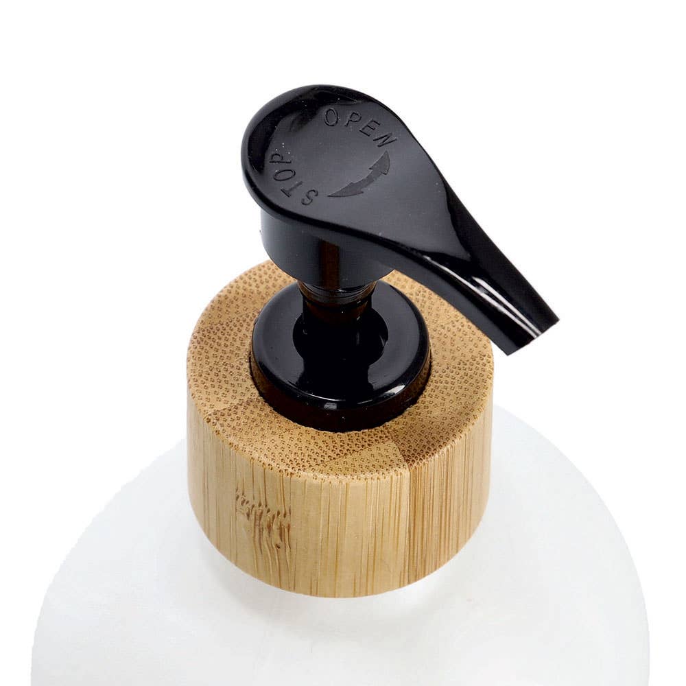 black white Soap dispenser set, 3-piece, glass/bamboo for wholesale on Faire3
