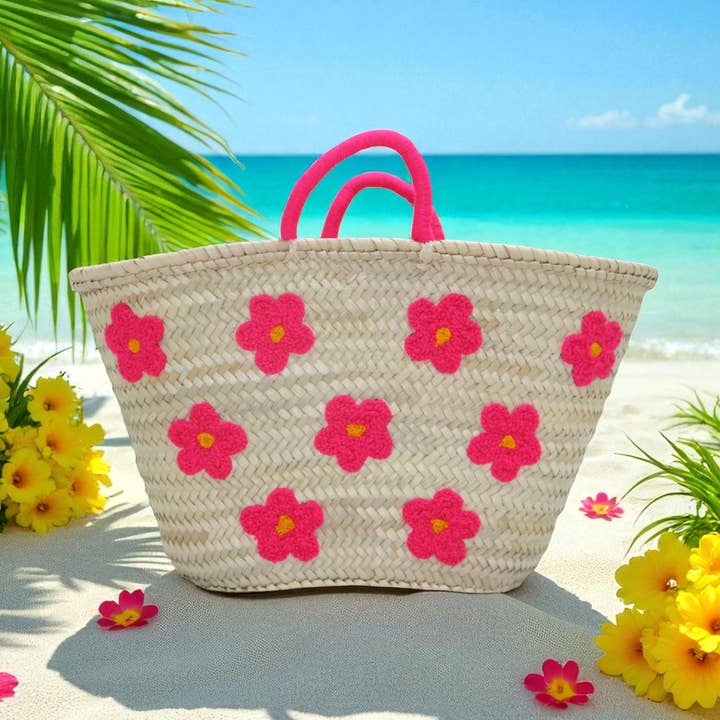 Cesto de Palha com Flores Feito à Mão - Cesta com Pegas de Palha por atacado de MOROHANDS