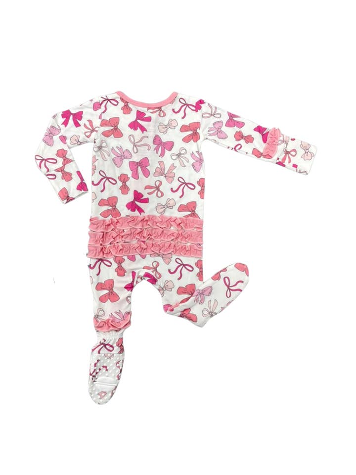 Macaron + Me - Wholesale Sleepsuit – Baby - Pink Bows Ruffle Footsie1
