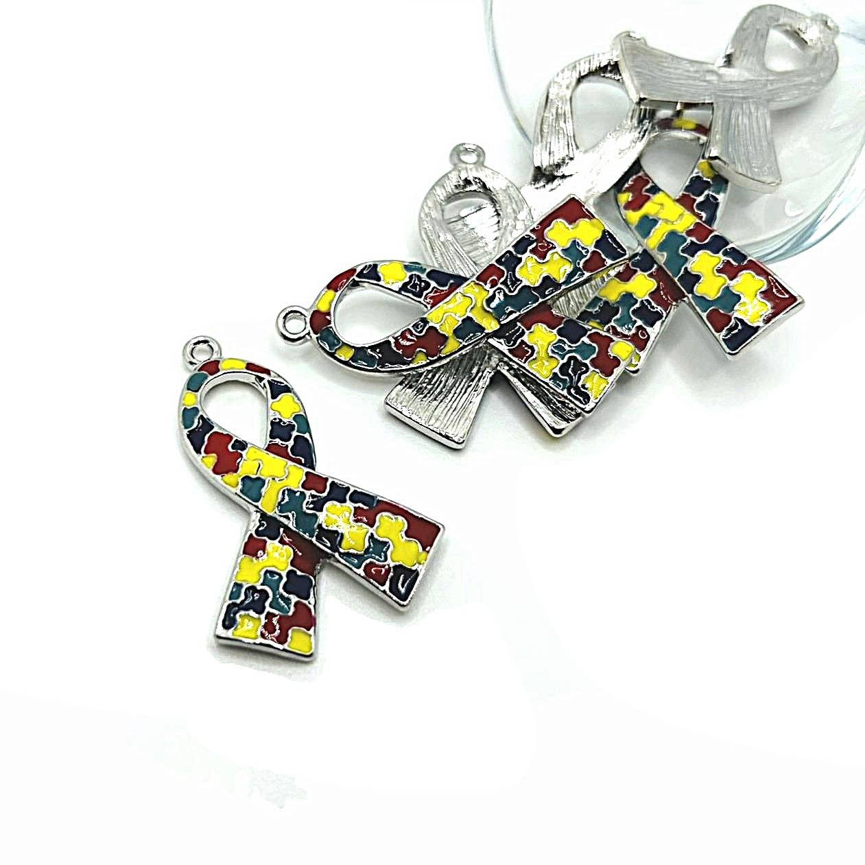 Guerrilla Charm - Wholesale Individual Charm/Pendant - Large Enamel Autism Awareness Ribbon Charms, 39x26mm0
