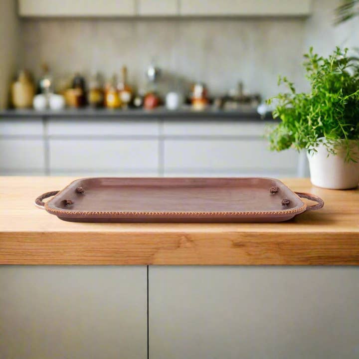 Bati Goods – wholesale Decorative tray – Hermana | 16” Leather Serving Tray w/ Embroidered Handles1
