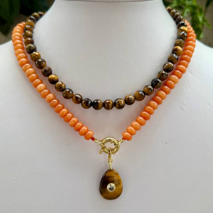 Orange Beaded + Brown Drop Necklace for wholesale by Allie Beads