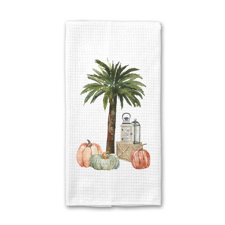 Palm Trees and Pumpkins Kitchen Towel, Coastal Fall Beach for wholesale by Canary Road