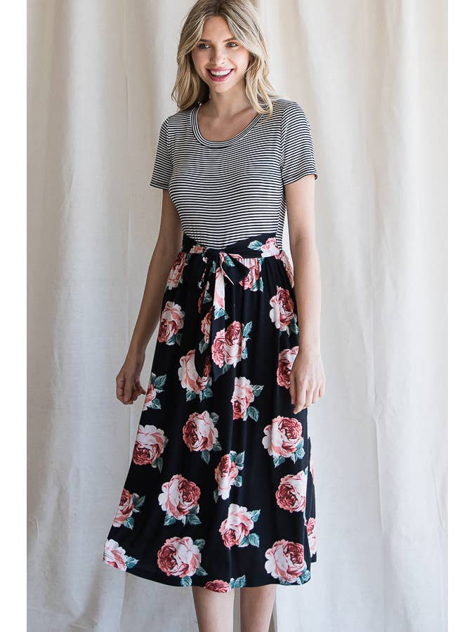 7th Ray - Wholesale Dress - Women's - Floral Waist Tie Short Sleeve A-Line Midi Dress D419915