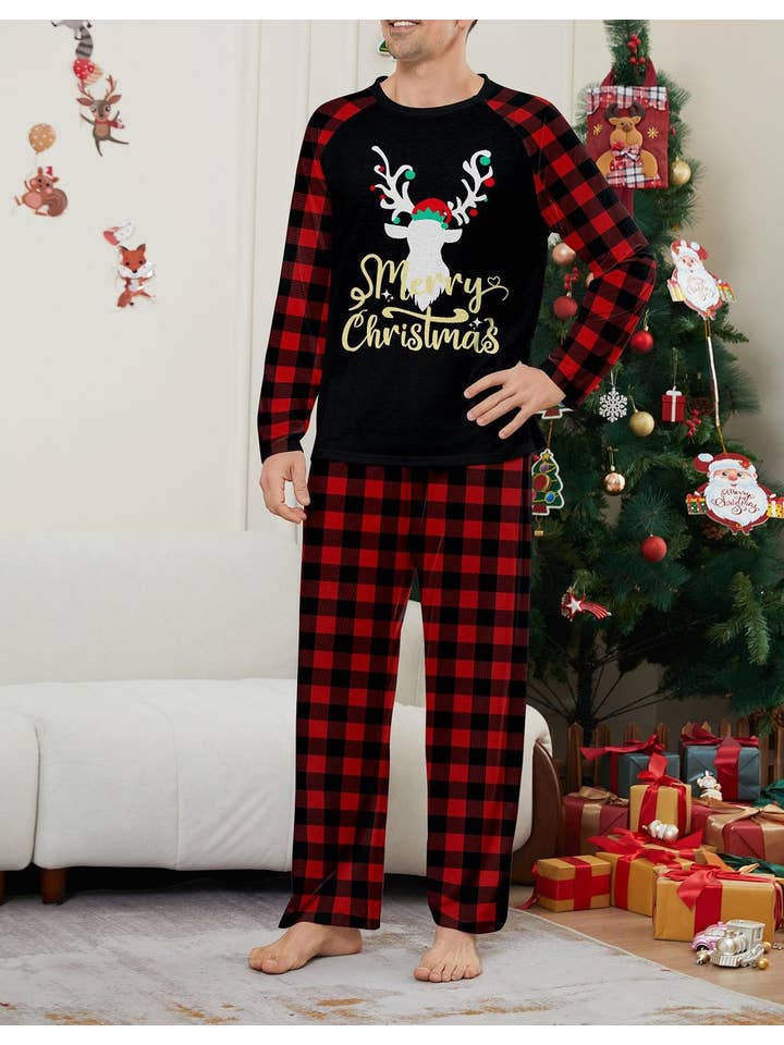 Anna Kaci Wholesale - Wholesale Sleepwear Set - Unisex - Family Christmas Pajama Set with Black Tops Red Plaid Pants12
