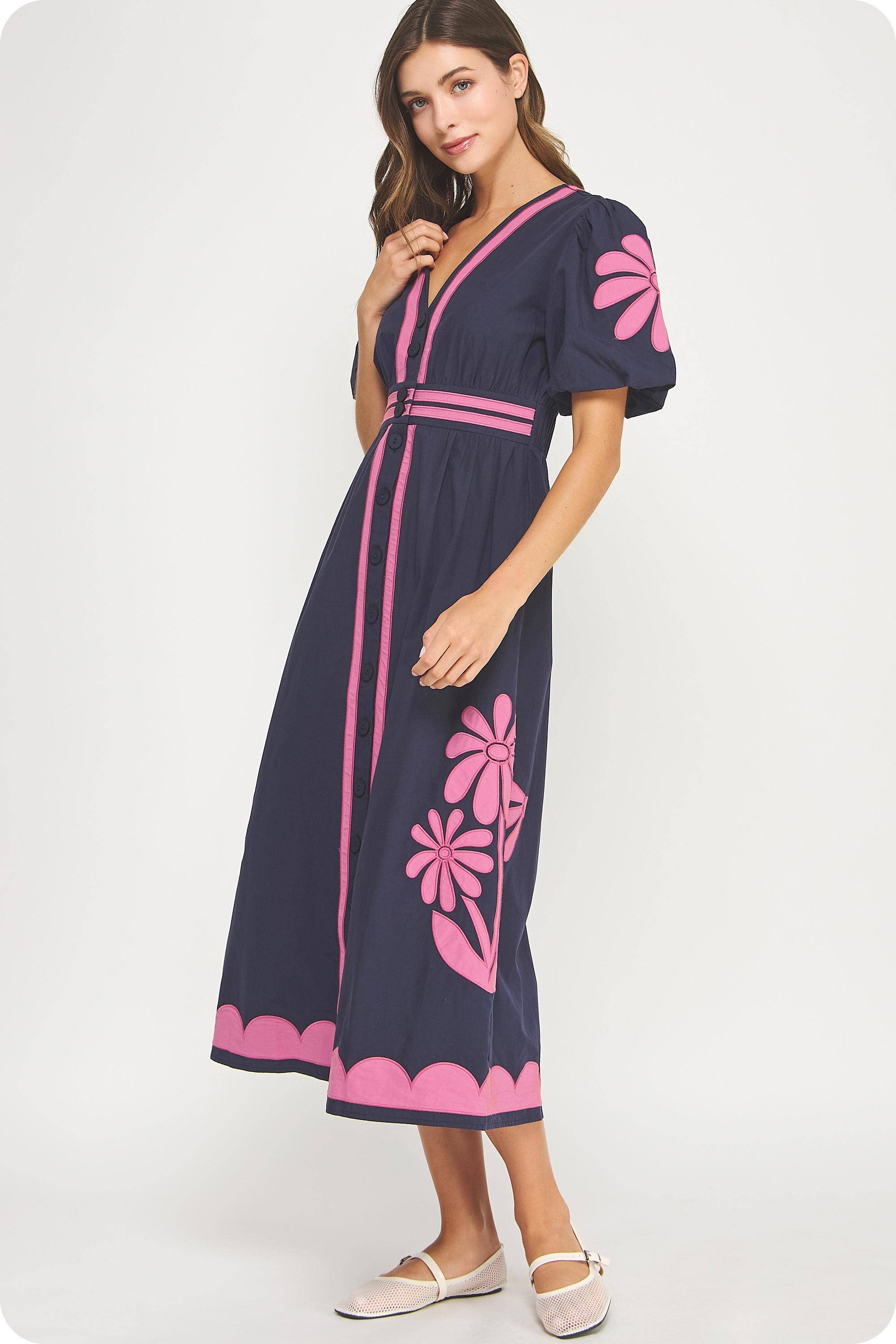 Navy chateau Rose Flower Patch Contrast Embroidery Midi Dress for wholesale on Faire4