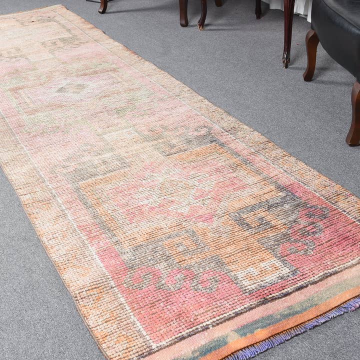 Vintage Pink Geometric Rug, 3.1x11.1 Ft Woven Area Rug for wholesale by Vintage Rugs Loom