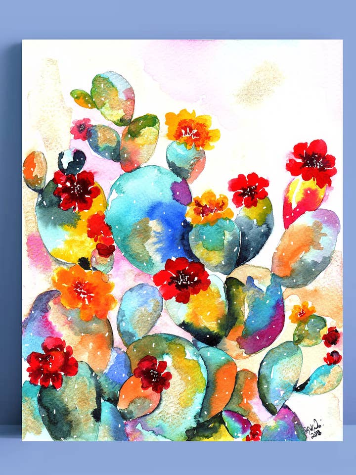 Regnbågskaktus i öken med akvarellkonst av fikonkaktus för wholesale av Pink Puddle Studio