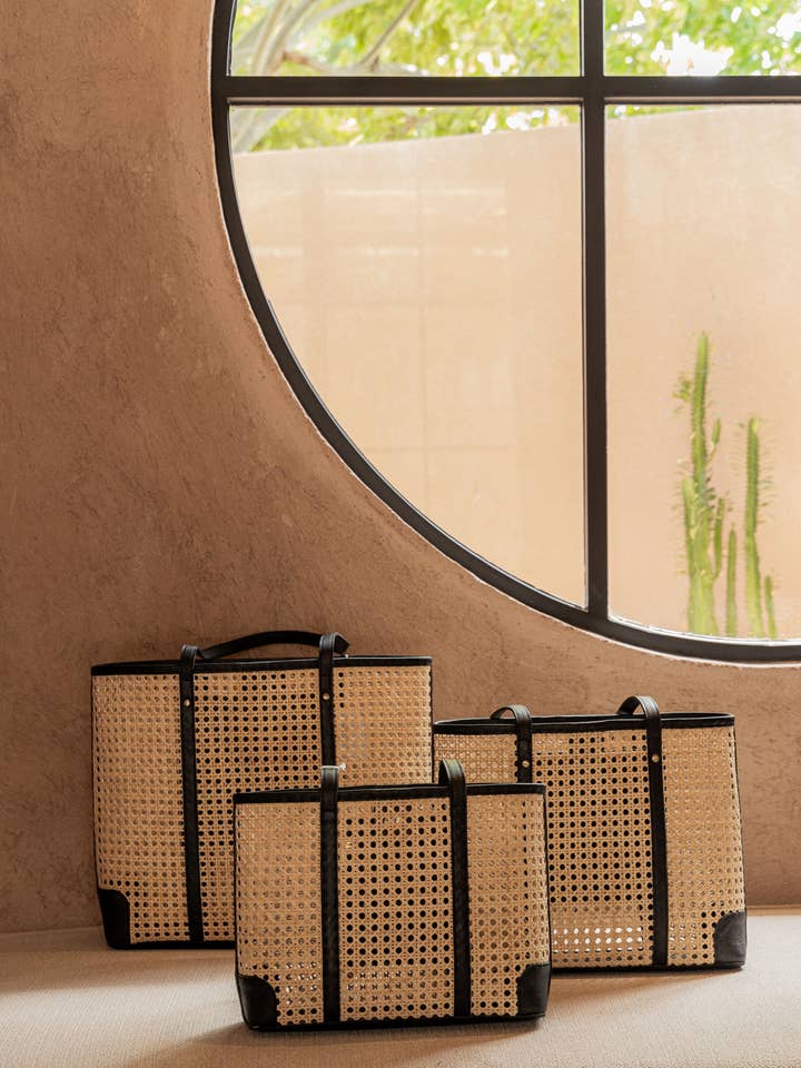 Dian Leather and Rattan Tote Bag for wholesale by Village Thrive