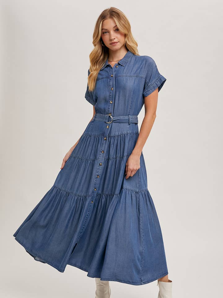 Bluivy – Vestido - Mulher por atacado – Vestido Longo Jeans Bluivy com Botões, Mangas Curtas e Saia em Camadas0