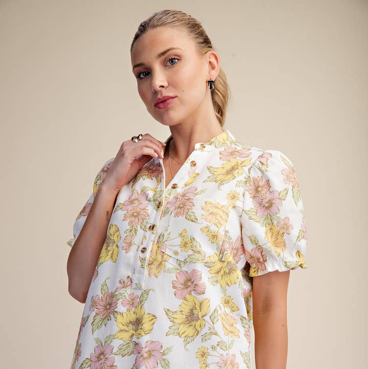 Glam - Wholesale Dress - Women's - Puff-Sleeve Floral Mini Dress13