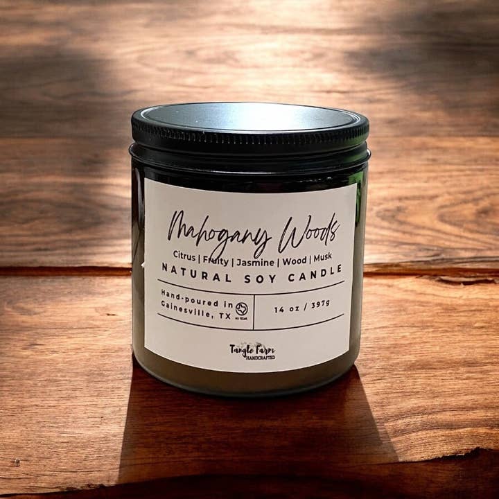 Mahogany Woods Soy Candle for wholesale by Tangle Farm Handcrafted