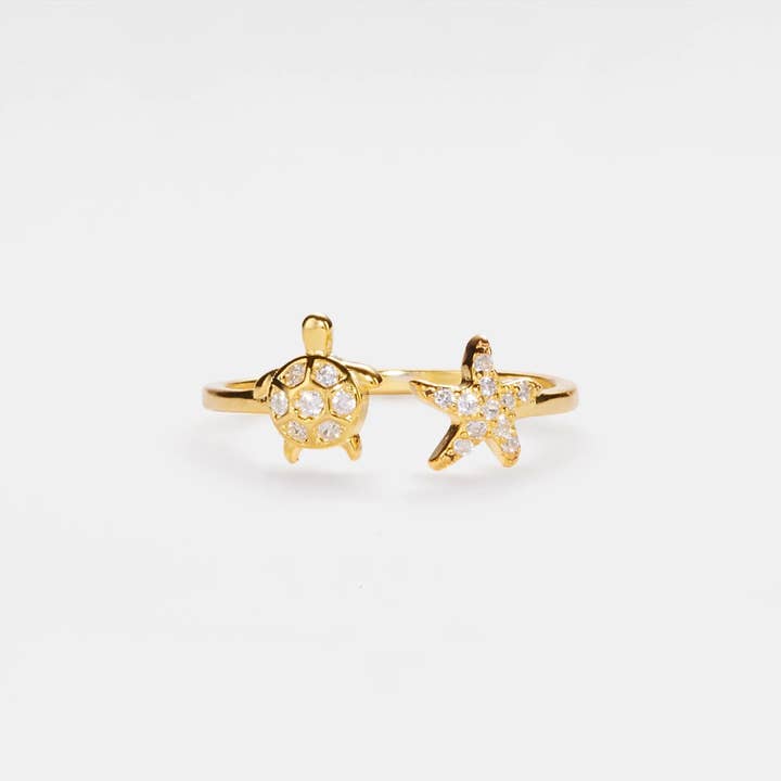 Gold Sea Turtle Starfish Beach Ring in 925 Sterling Silver for wholesale by Perimade & Co. LLC