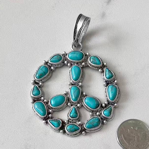 PDS250430-03-BLUE 55 mm silver metal with blue turquoise stone peace sign pendent for wholesale by Western Elite Jewelry