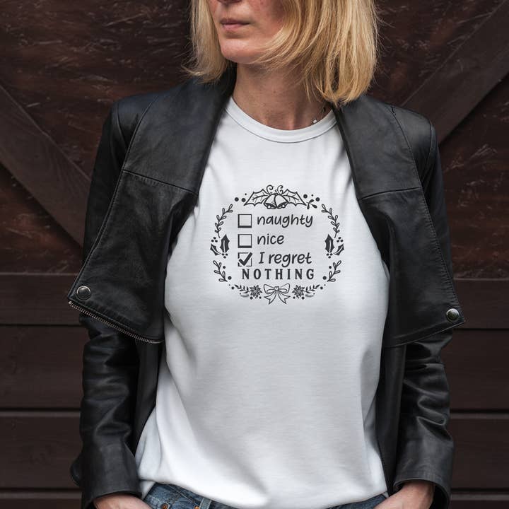 Naughty Nice I Regret Nothing Womens' Christmas Shirt Sizes for wholesale by Shine Thrive Grow