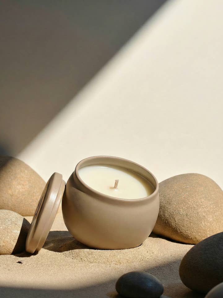 MINI SCENTED TRAVEL CANDLE: AFRIKBO SOL WITH COTTON WICK for wholesale by VILLA ABURI