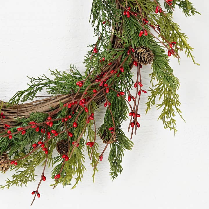 Holiday Depot Inc. - Wholesale Wreath - ISB71700- 24in Evergreen Pine with Red Pips Wreath