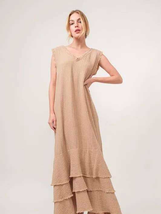 And The Why Washed Cotton Gauze Fringe Detail Tiered Dress for wholesale by React Activewear