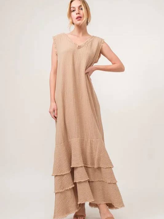 And The Why Washed Cotton Gauze Fringe Detail Tiered Dress for wholesale by React Activewear