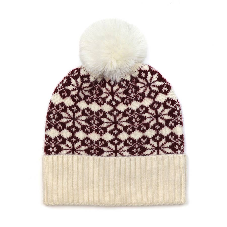 Peace Of Mind – wholesale Beanie – Women's – Burgundy and Cream Mix Starflower Knit Bobble Hat0