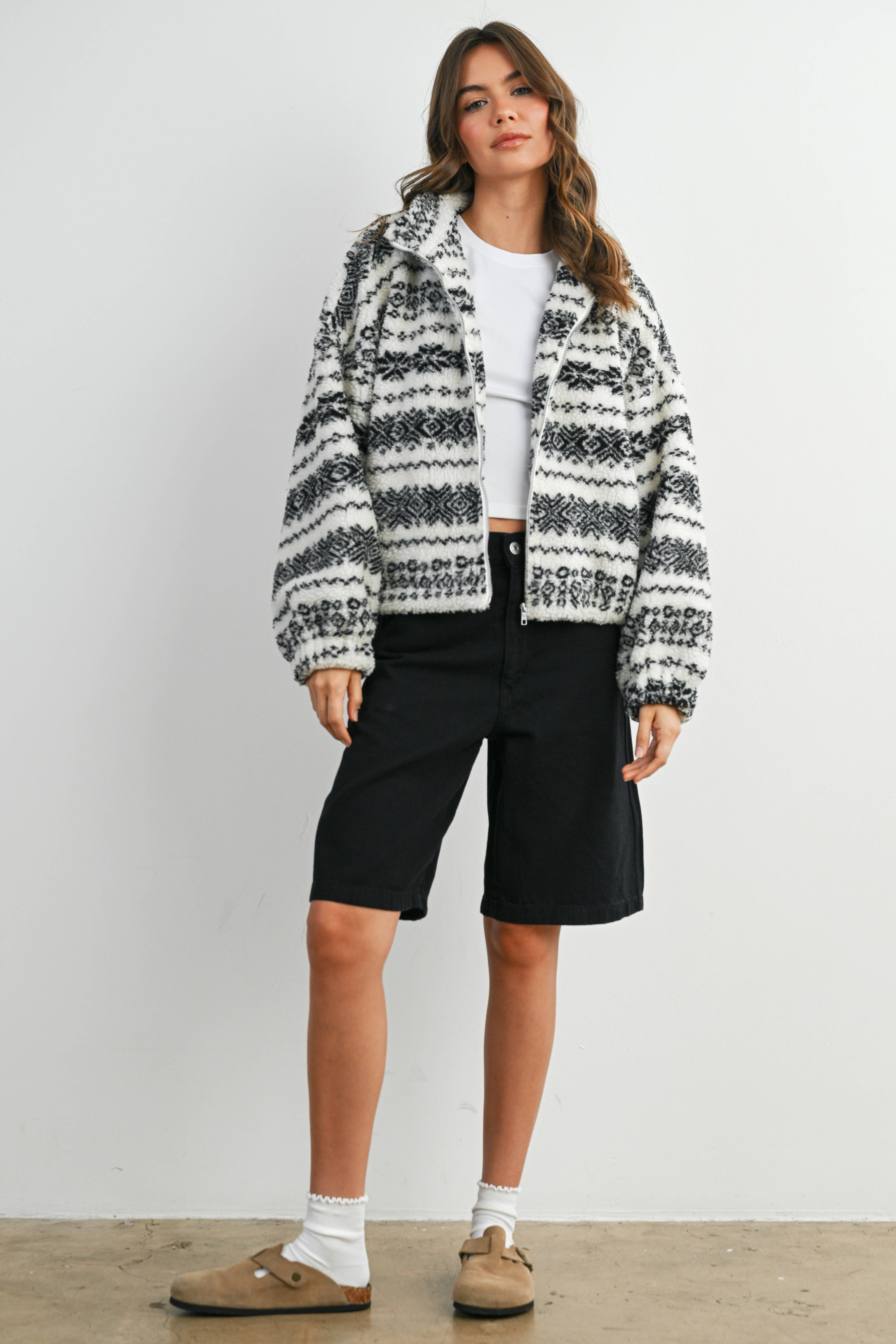 BUTTERMELON - Wholesale Jacket - Women's - Fuzzy Fleece Zip-Front Patterned Jacket - BMJ78070