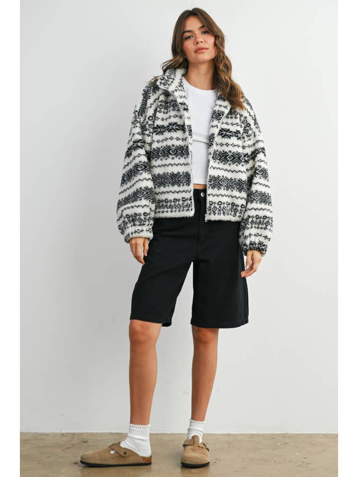 BUTTERMELON - Wholesale Jacket - Women's - Fuzzy Fleece Zip-Front Patterned Jacket - BMJ7807