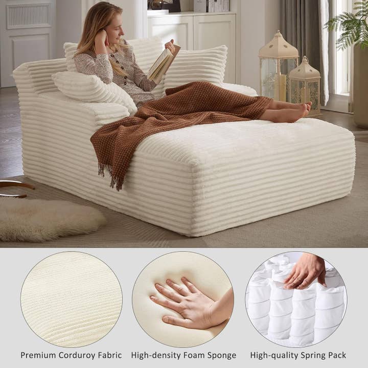 50-Inch Oversized Corduroy Chaise Lounge Chair in White with Pillows for wholesale on Faire2