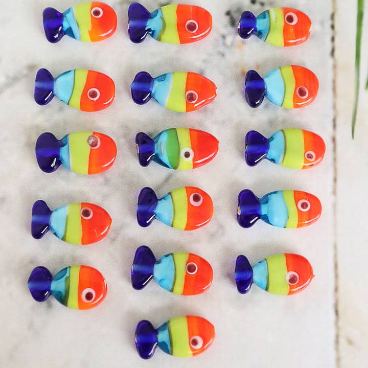 Adamodart - Wholesale Individual Charm/Pendant - Murano Glass Rainbow Fish Beads, Lampwork fish spacer charm