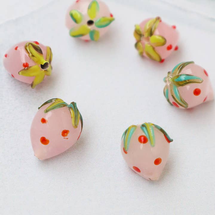 Adamodart - Wholesale Beads - Murano Glass Pink Strawberry Bead, drilled DIY fruit bead