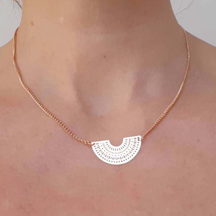 Fine gold plated filigree half moon art deco necklace for wholesale by JUL ET FIL