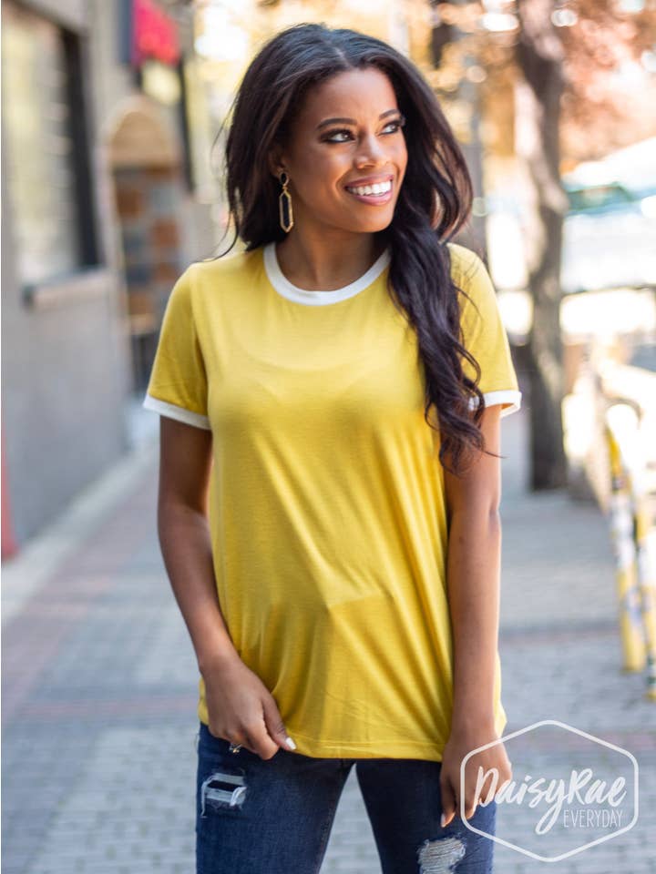Yellow Trim It Down Short Sleeves Ringer T-Shirt, White And Mustard for wholesale on Faire