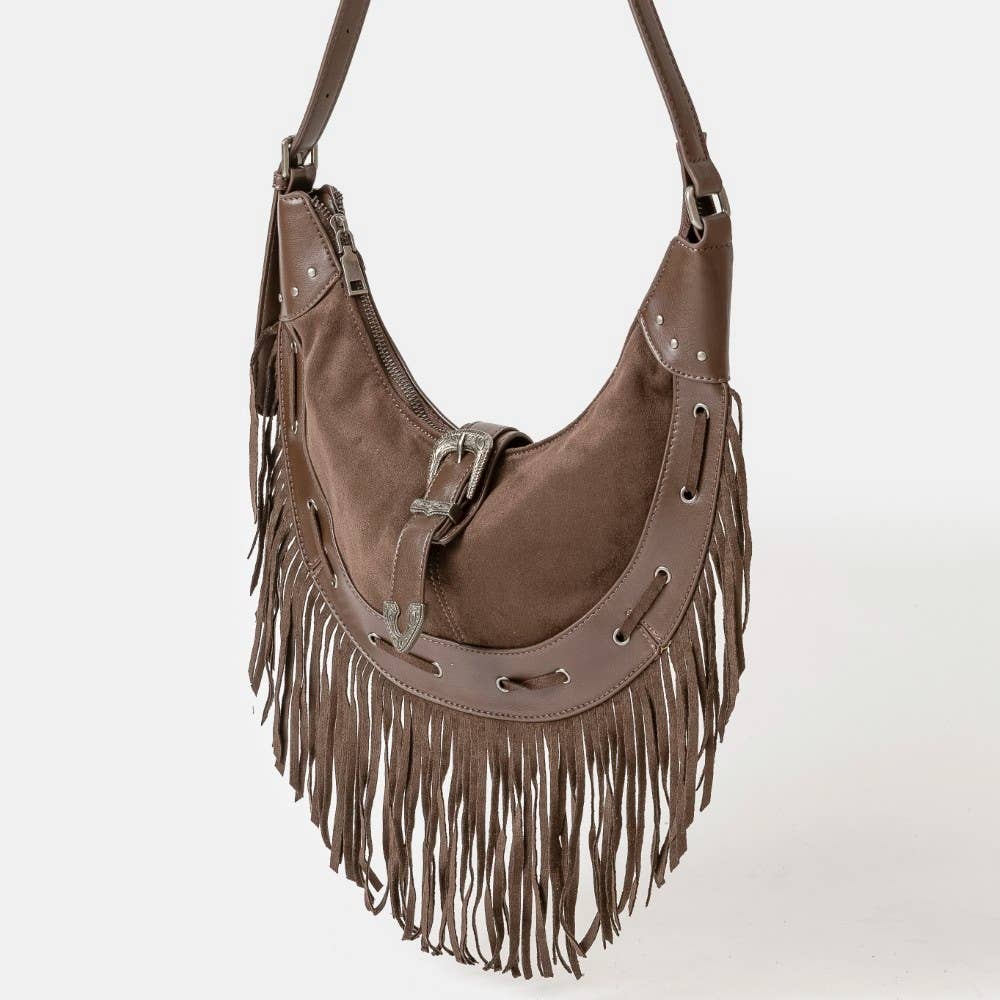 Collections by Fame Accessories - Wholesale Shoulder Bag - Women's - Leather Belt Decor Fringe Hobo Shoulder Bag1