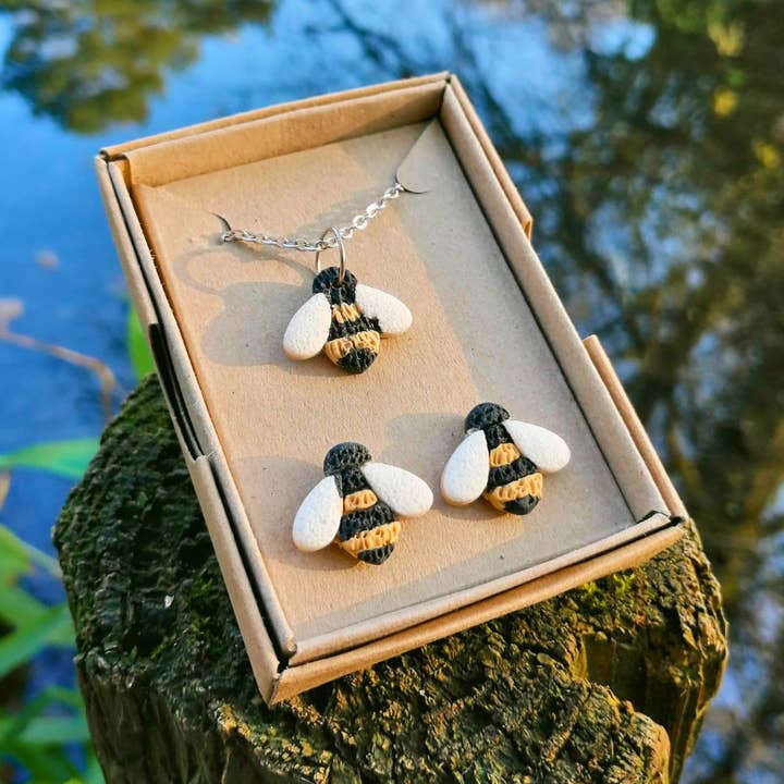 Bumble Bee Polymer Clay 20" Boxed Necklace and Stud Set for wholesale by Green Grove Designs