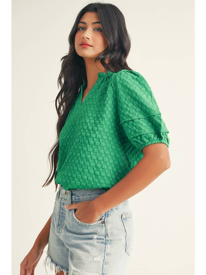Bright Green LDC Textured Puff Short Sleeve Notched V Neck Top for wholesale on Faire
