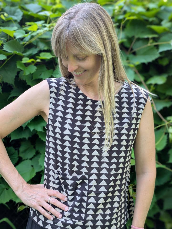 Black & White Hand-Printed Dabu Boxy Tank with Pocket for wholesale by Curiosity