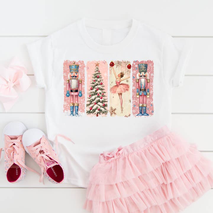 AvaryMaeInspirations - Wholesale Screen Printed T-Shirt - Kids - Nutcracker Ballet Pink Retro Christmas Tree Girls Tee Shirt1