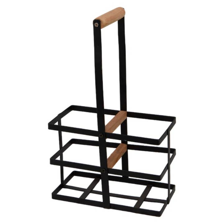 Houder voor 4 flessen in zwart metaal met houten handvat voor wholesale door Deffrennes