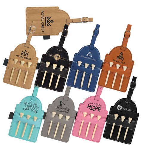 Laserable Leatherette Golf Bag Tag with 3 Wooden Tees for wholesale by Happy Gift Express