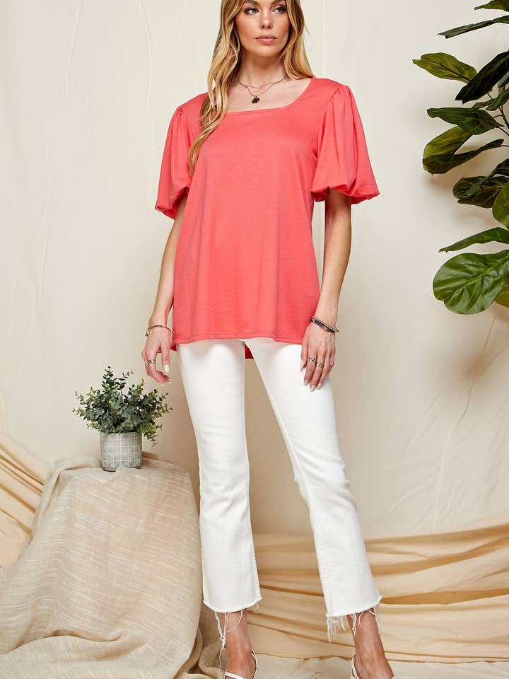 CORAL SPT5094 - WOMEN PUFF SHORT SLEEVE SQUARE NECK TOP for wholesale on Faire