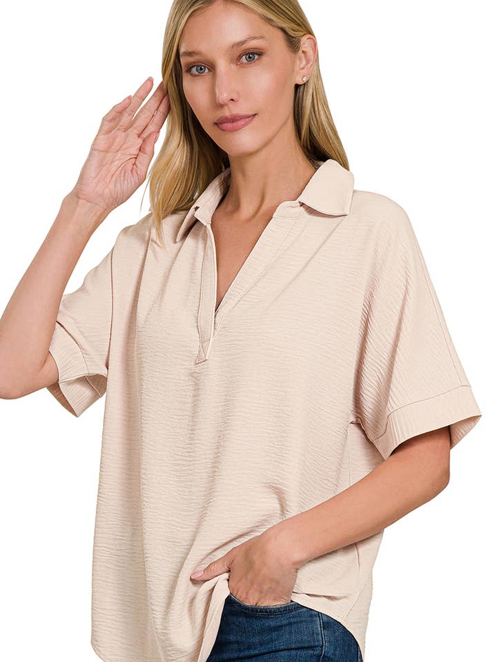 ...SI-25661 Vævet Luftstrøm Krave V-hals Kortærmet Top for engroshandel hos 42POPS